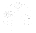 A person with a school book, globe and scholar's hat above their head