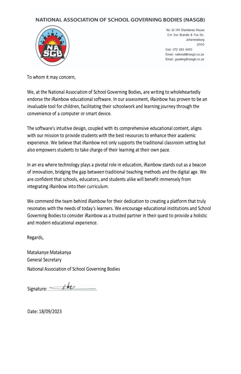 Letter of recommendation from the National Association of School Governing Bodies endorsing iRainbow's educational software