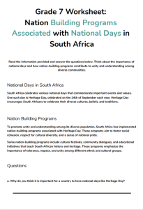 rade 7 Worksheet: Nation Building Programs Associated with National Days in South Africa